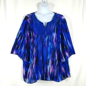 Catherine's Women's Plus Size Blue Crochet Collar Half Sleeve Sheer Blouse 4X